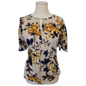 Womens Floral Cold Shoulder Blouse Beige Short Sleeve Keyhole Boho Whimsical S